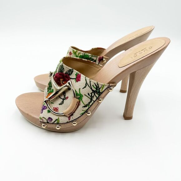 Gucci Horsebit Platform Floral Mules Sandals Heels Size 38, 8 - Picture 4 of 12